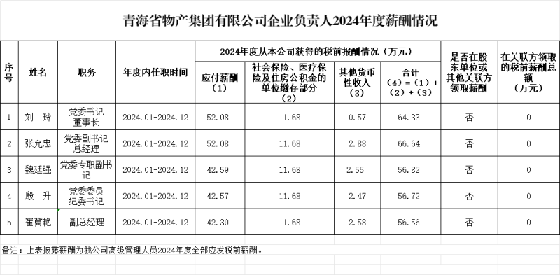 青海省物產(chǎn)集團(tuán)有限公司企業(yè)負(fù)責(zé)人2024年度薪酬情況及第五任期(2022-2024)激勵收人情況